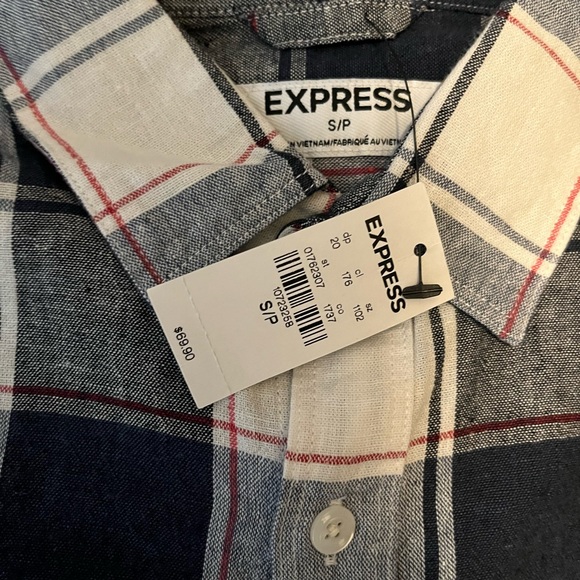 EXPRESS NWT Mens Plaid Linen/Cotton Blend Double Pocket Shirt Small - Picture 2 of 4